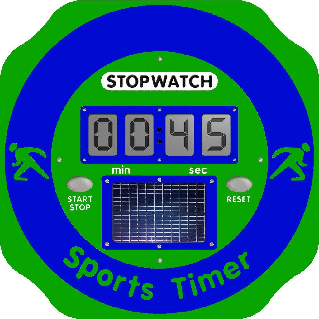 A digital sports timer displays 45 seconds, with start/stop and reset buttons, a solar panel, and running figures on the left and right sides.