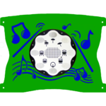 A round electronic drum pad with various percussion symbols is centred on a green background decorated with blue music notes and drumsticks.