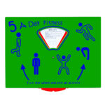 A green fitness activity board labelled 5 A Day Fitness with blue exercise illustrations and a central dial for selecting activities.