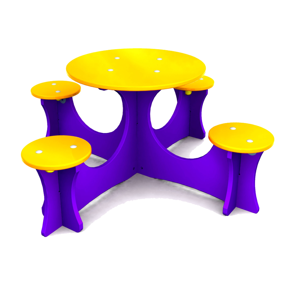 A round yellow table with four attached yellow stools, all supported by a purple base, on a white background.