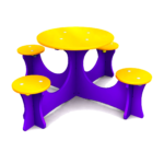 A round yellow table with four attached yellow stools, all supported by a purple base, on a white background.