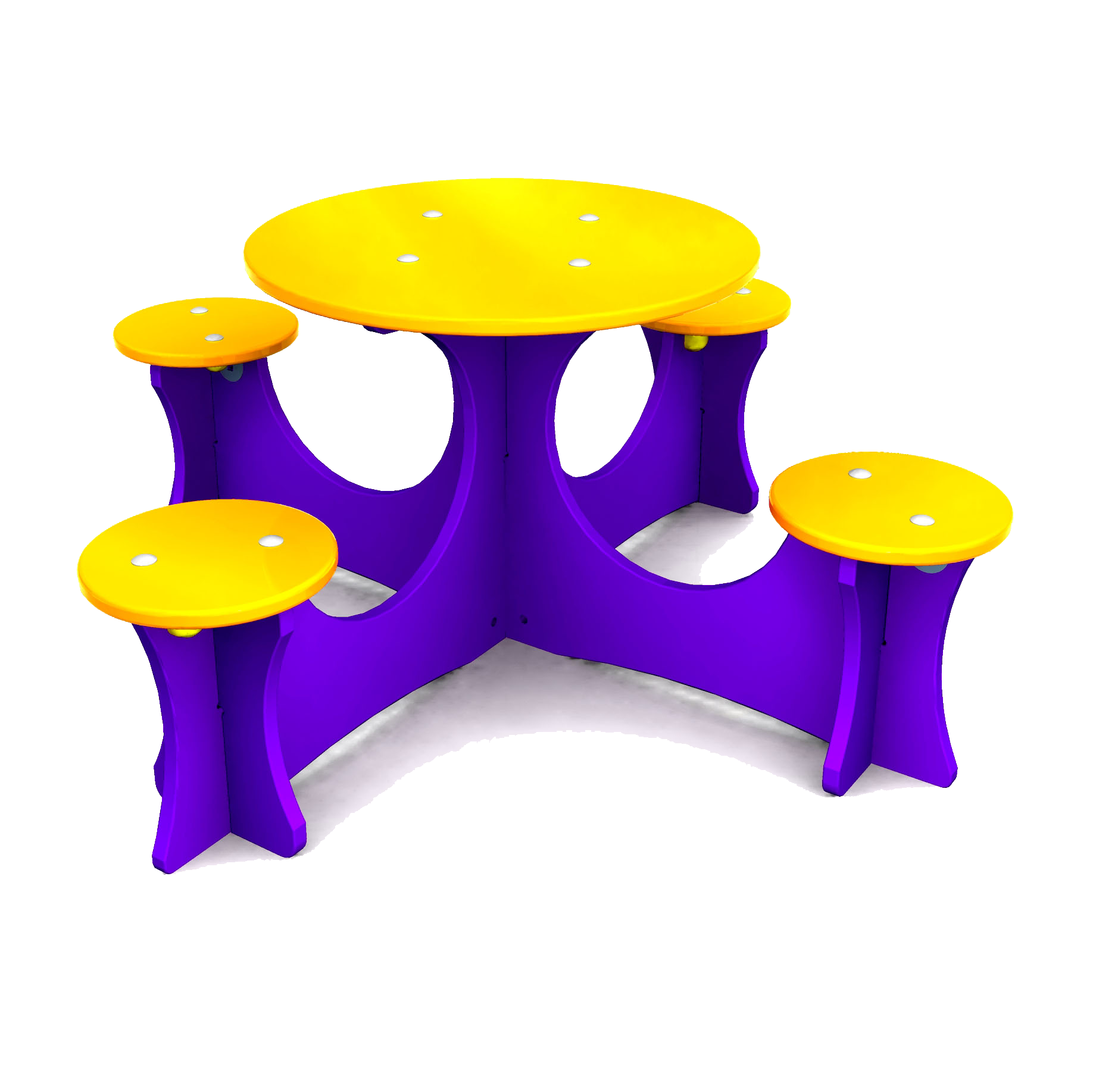 A round yellow table with four attached yellow stools, all supported by a purple base, on a white background.
