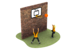 2 children throwing a ball at a basketball hoop on a brick wall