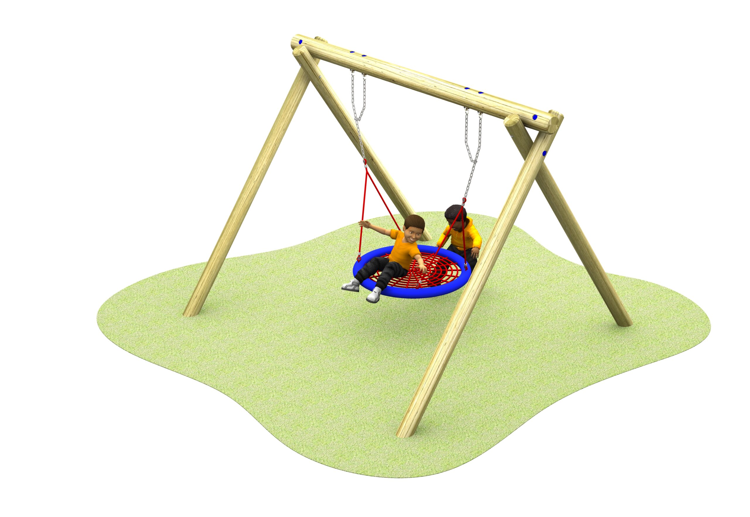 Two children playing on a wooden swing set; two children sit on a round swing whilst one child runs nearby on a green patch.