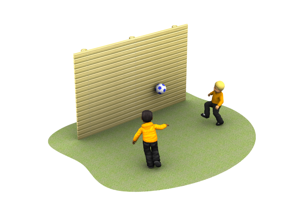 Timber wall with 2 children kicking a ball.