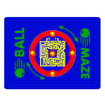 A blue board labelled BALL MAZE with a circular red maze in the centre, a small yellow ball, and green text on the sides with directional arrows.