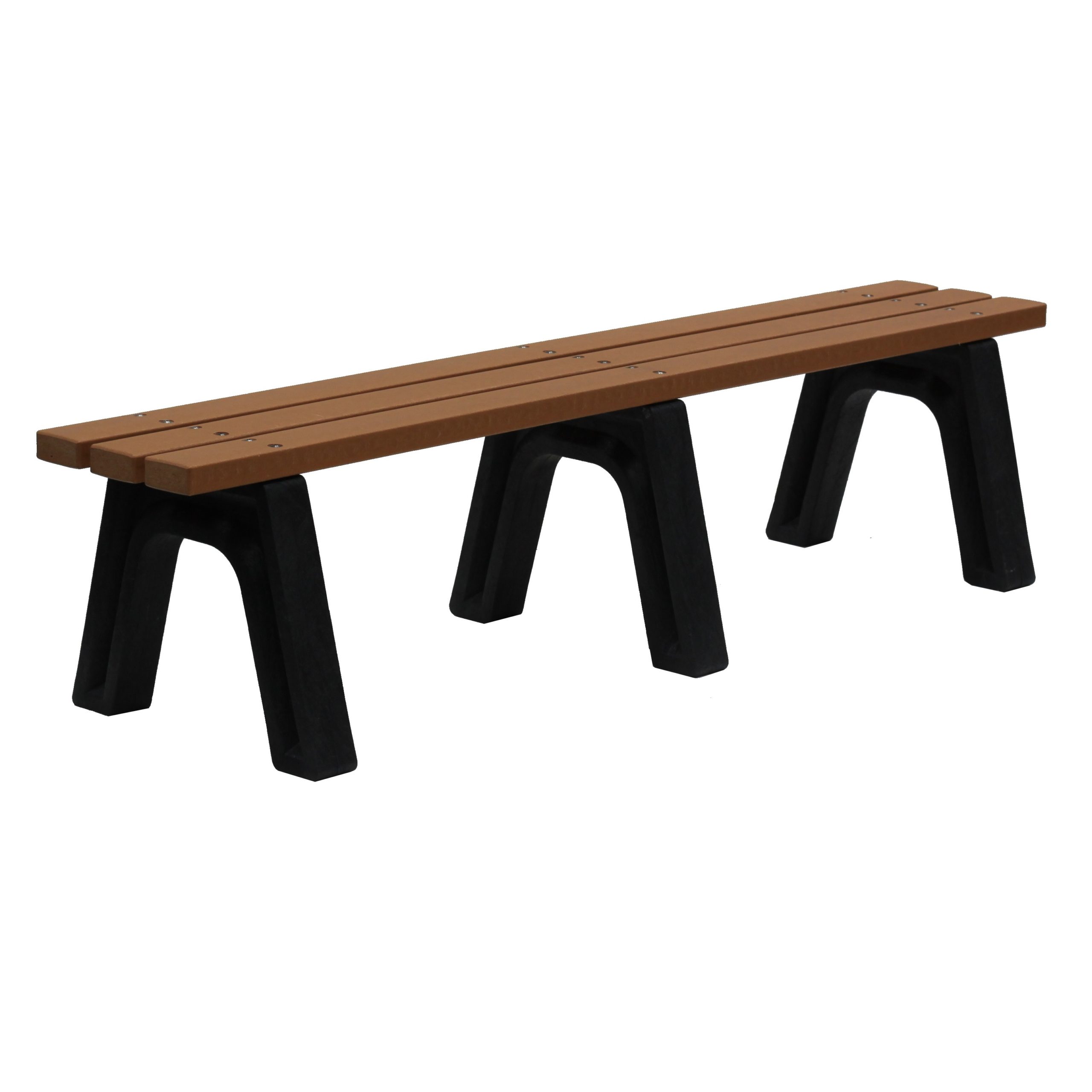 A simple outdoor bench with three brown wooden slats for seating and three black sturdy legs, shown against a plain white background.