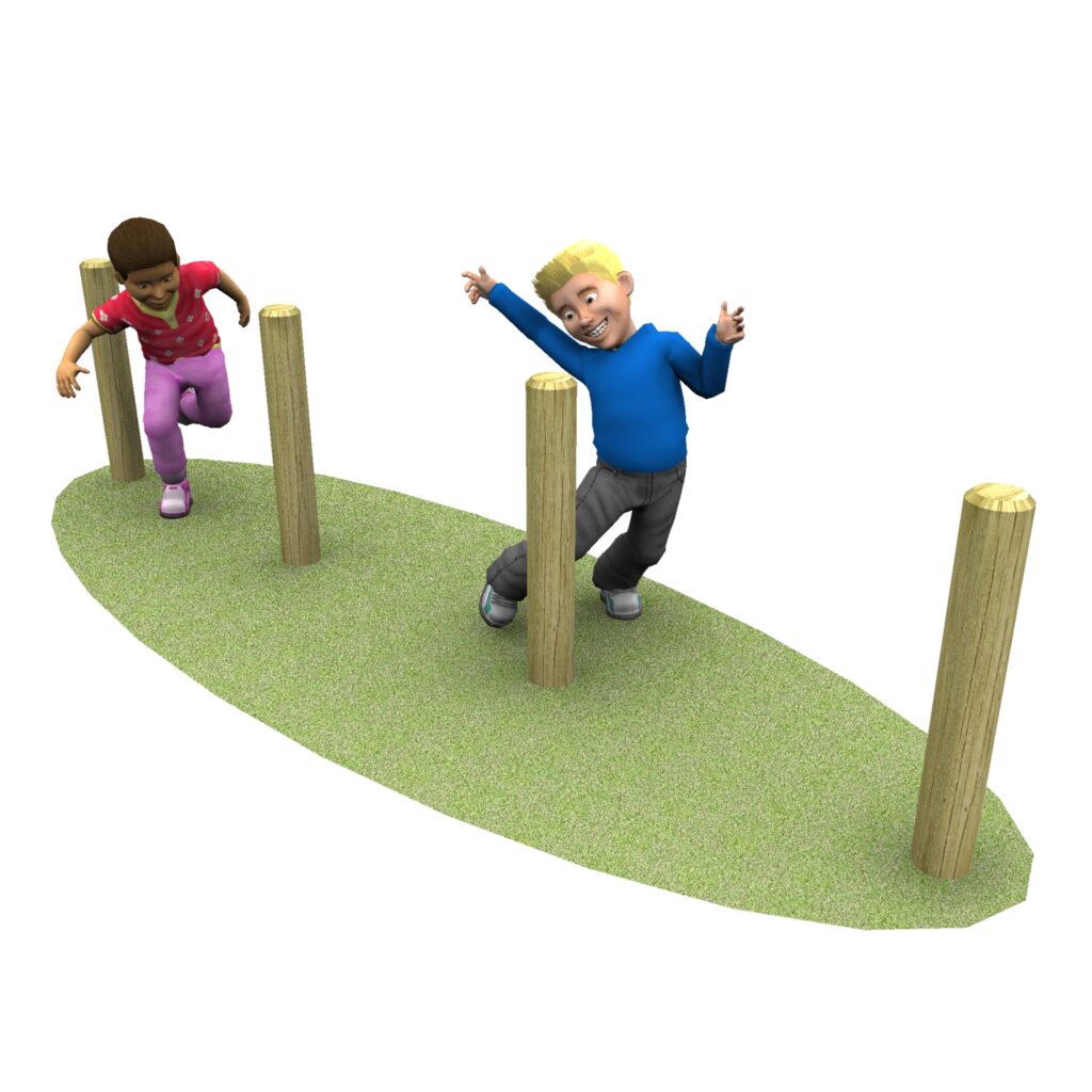 Two children are balancing and walking between wooden poles on a grassy platform, appearing to play and have fun.