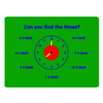 An analogue clock with labelled times around it: 1, 3, 4, 6, 7, 9, and 12 o’clock. The clock shows the time as 7 o’clock. Text at top reads, “Can you find the times?”.