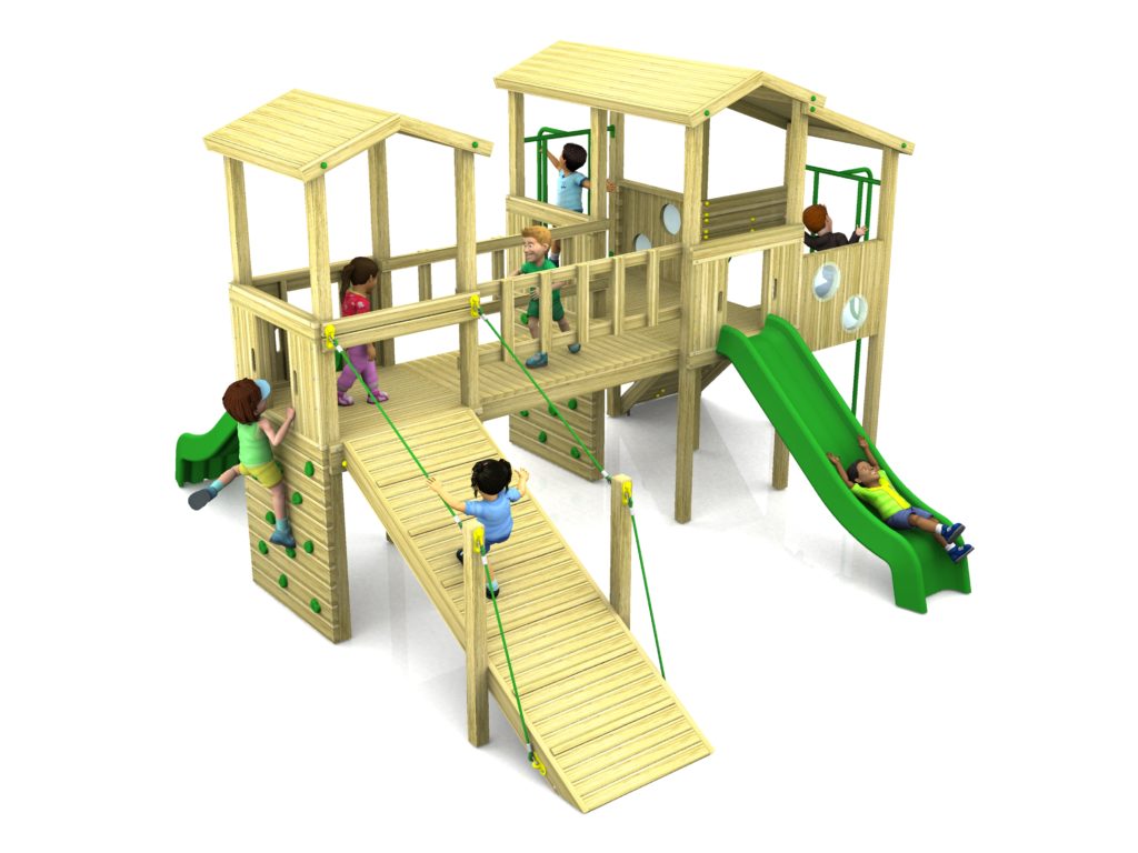 Children playing on a wooden playground structure featuring slides, climbing walls, rope bridge, and raised platforms.
