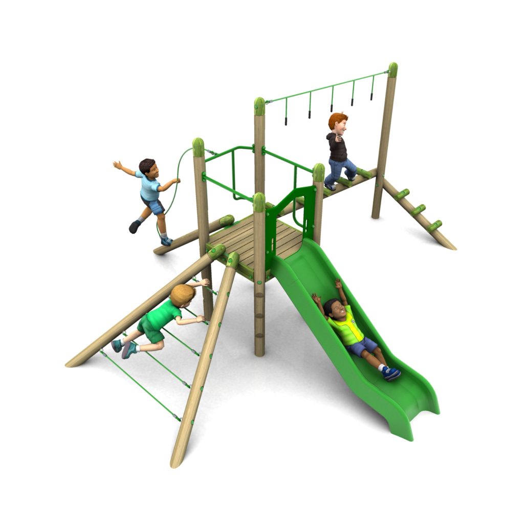 Four children play on a copse with Poly Slide playground structure featuring a slide, climbing nets, and monkey bars, all crafted from wood and green plastic.