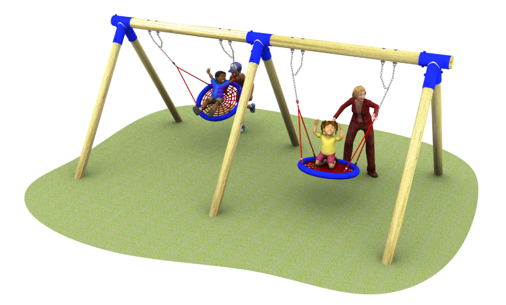 Three children are playing on a playground swing set with two swings; one child pushes another on a round swing whilst a third child swings nearby.