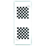 A rectangular white board with two black-and-white chequerboard patterns, one positioned above the other, centred on the surface.