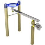 A wooden and metal water play structure with a blue circular basin, angled metal chute, and hand-operated water wheel.