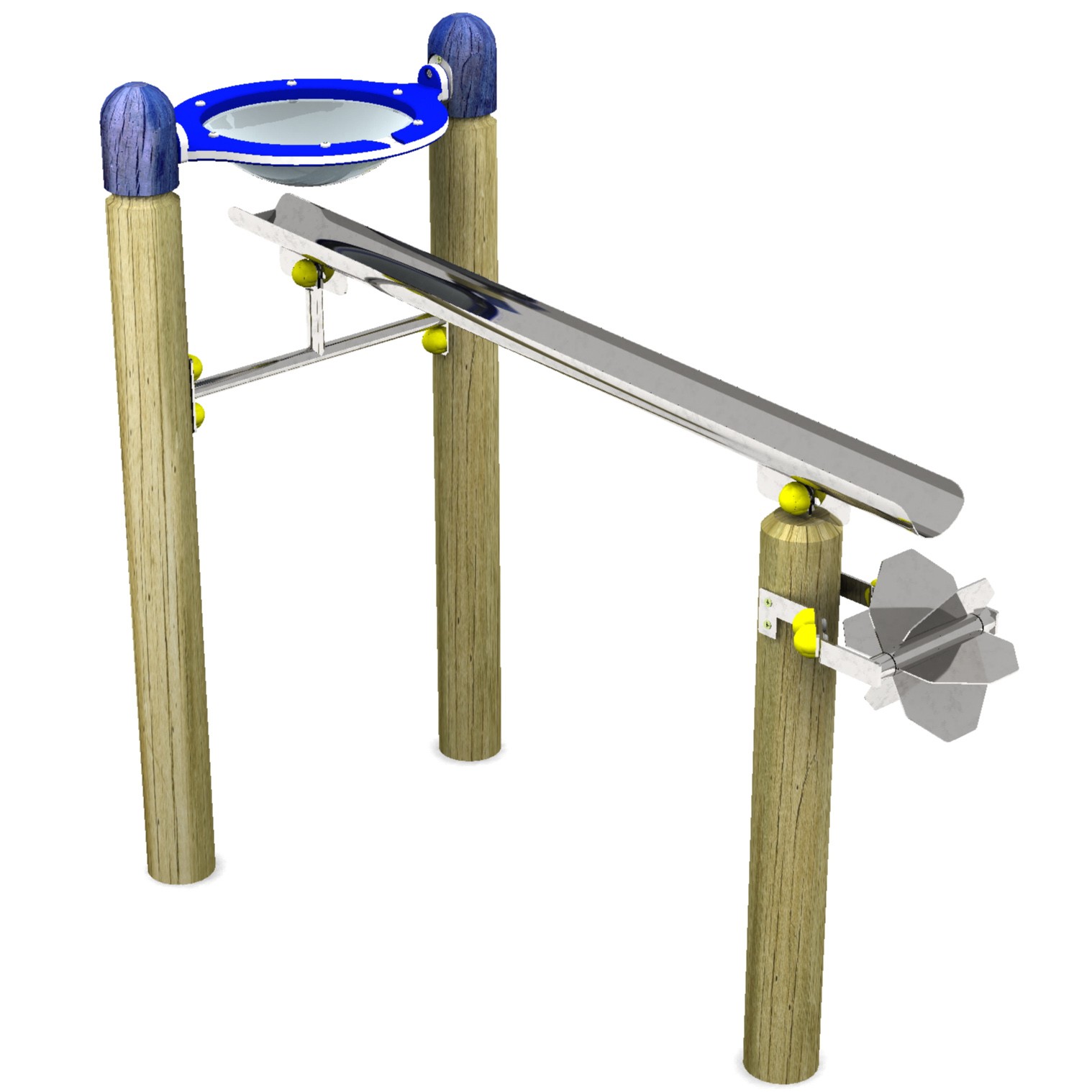 A wooden and metal water play structure with a blue circular basin, angled metal chute, and hand-operated water wheel.