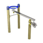 Wooden and metal outdoor water play structure with a blue circular basin, inclined metal trough, and a small silver waterwheel at the end.