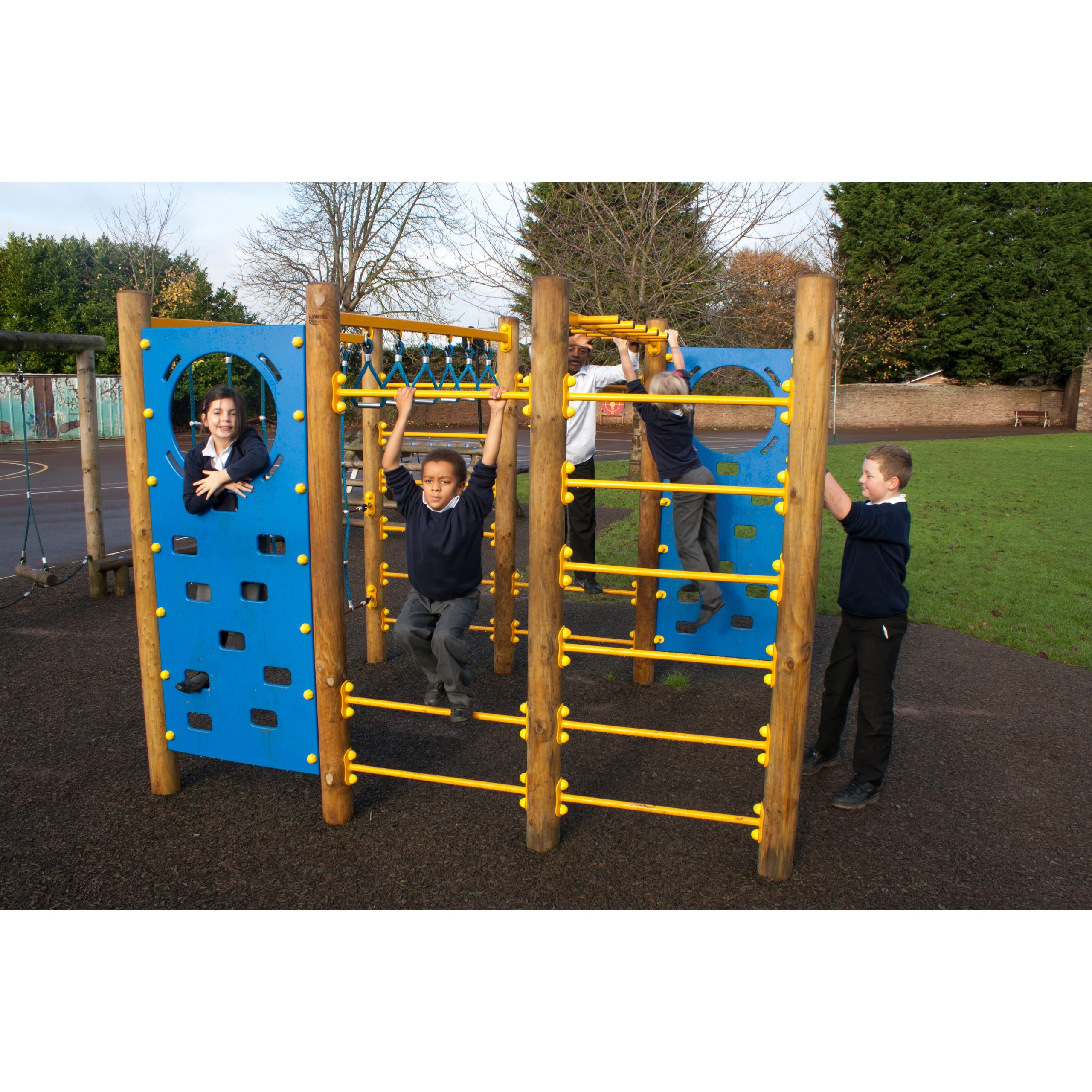 Five children play on a wooden and blue Discovery Space Frame, complete with yellow bars, in an outdoor playground area.