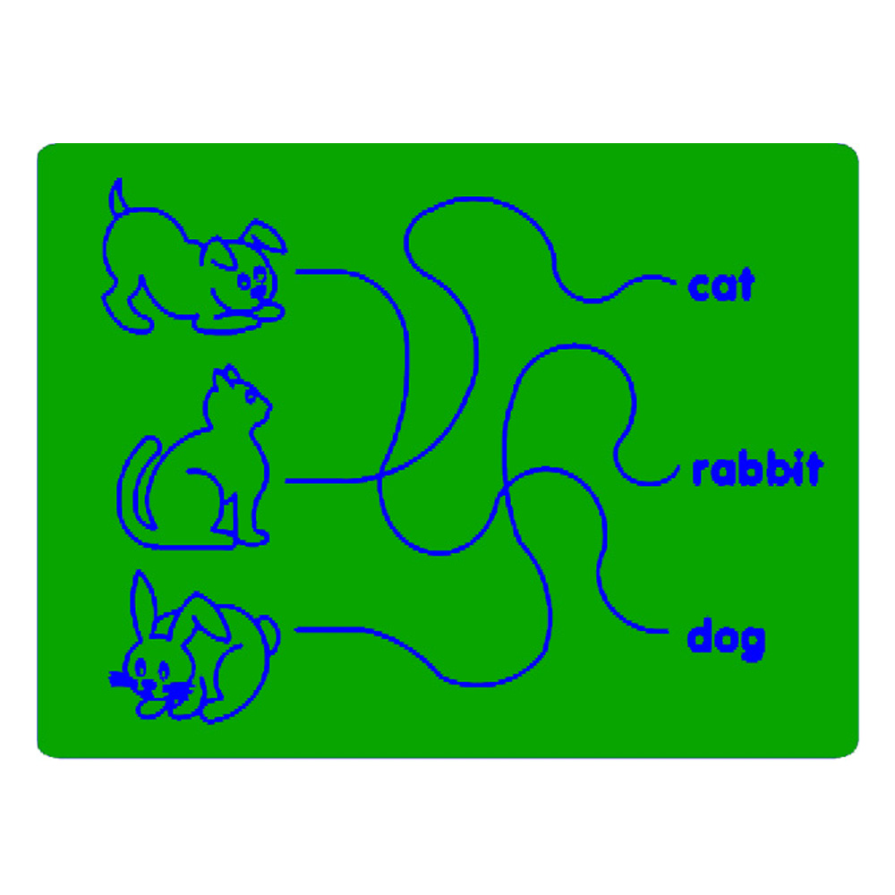 A matching game with pictures of a dog, cat, and rabbit, each connected by lines to the wrong labels: cat, rabbit, and dog.