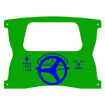 Green dashboard panel illustration with a blue steering wheel, gear lever diagram on the left, and light switch indicator on the right.