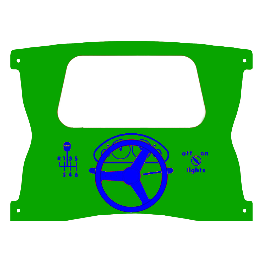 Green dashboard panel illustration with a blue steering wheel, gear lever diagram on the left, and light switch indicator on the right.