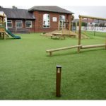 A school playground with artificial grass, a climbing frame with a slide, wooden play equipment, picnic tables, and a brick school building in the background.