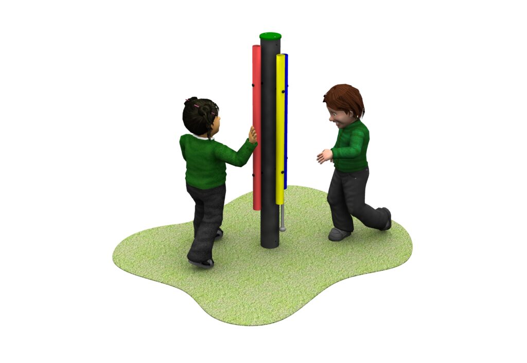 Two children in green jumpers stand on grass, interacting with a vertical pole that has coloured panels attached.