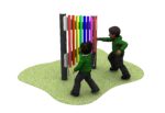 Two children play on a grassy patch, interacting with a vertical musical instrument featuring colourful bars arranged in a rainbow pattern.