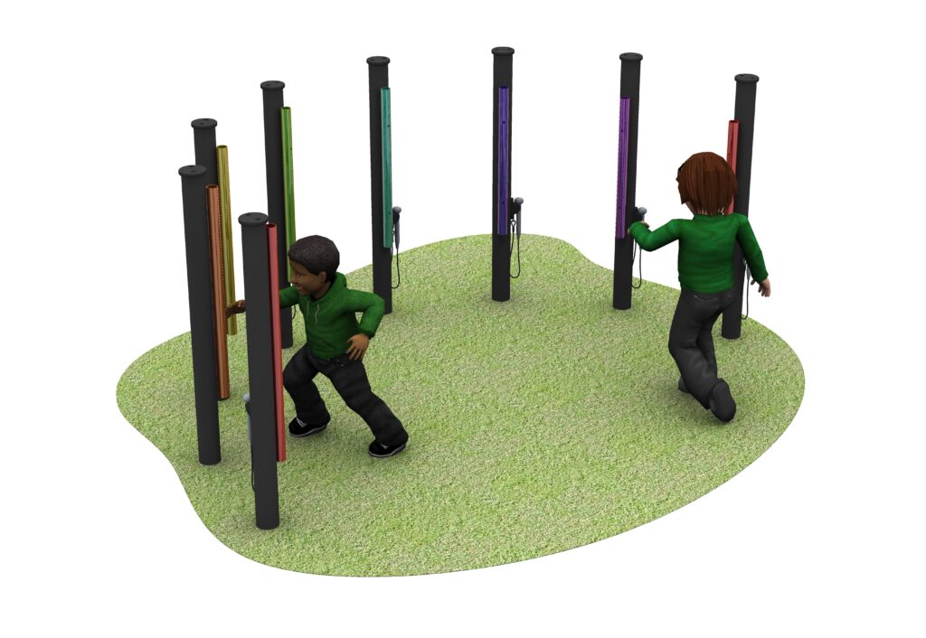 Two children play on a grassy area surrounded by upright musical chime poles arranged in a circle.