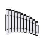 A set of white and black xylophone bars arranged in descending order from left to right, isolated on a white background.