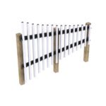 A set of vertical white metal tubes of varying lengths mounted on wooden posts, forming an outdoor musical instrument similar to chimes or tubular bells.