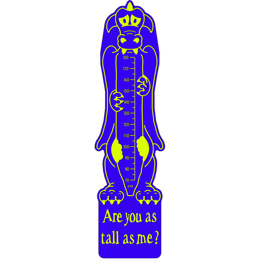 A blue and yellow dragon-shaped height chart marked in centimetres with the text Are you as tall as me? at the bottom.