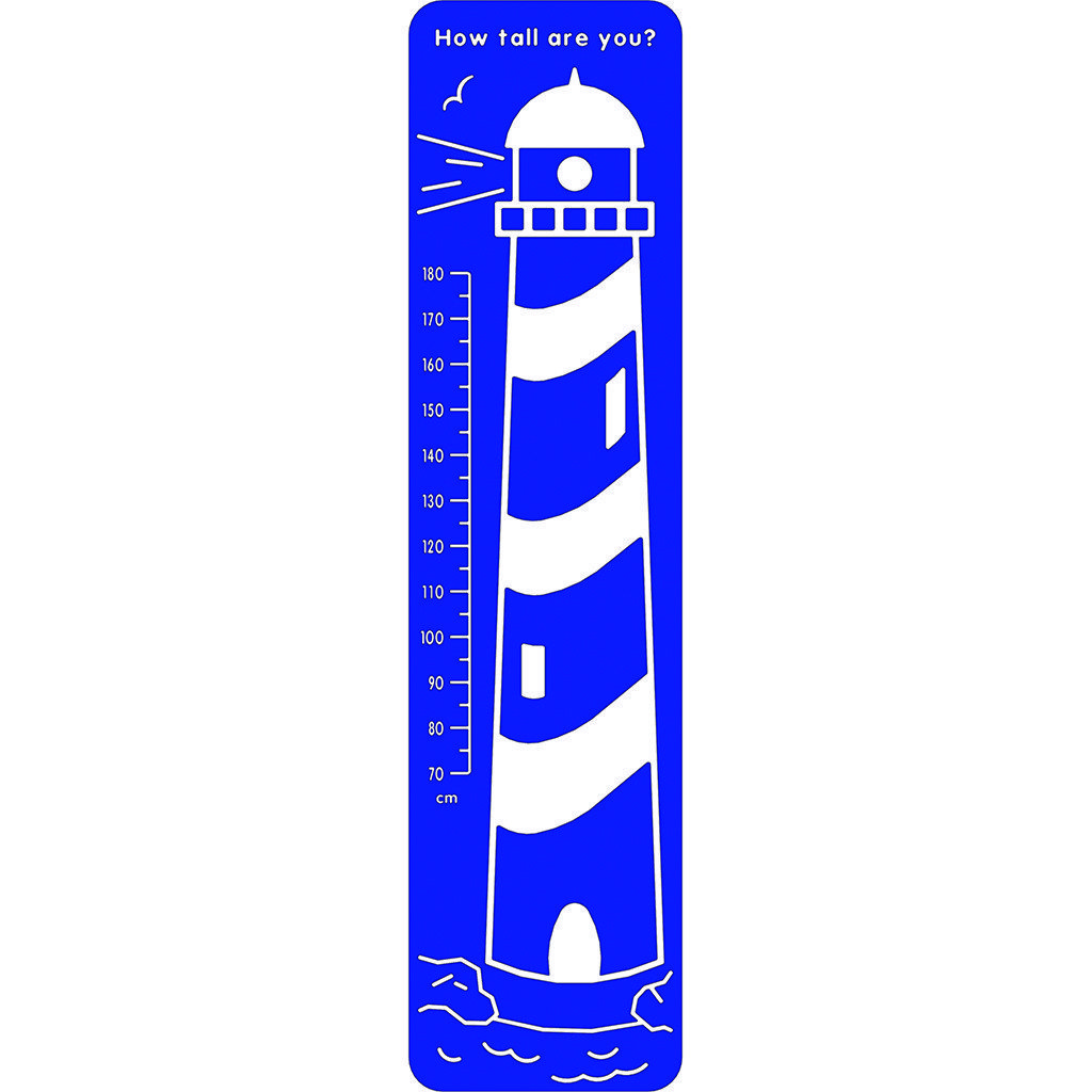 Blue and white lighthouse height chart with measurement markings in centimetres from 70 to 180 and the text How tall are you? at the top.