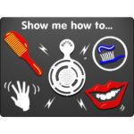 A visual board with a comb, a wave symbol, a speech button, a toothbrush, and lips with teeth, labelled Show me how to....