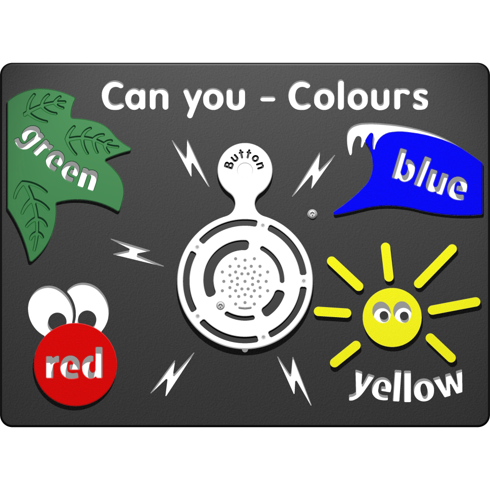 A board asks Can you - Colours and displays green on a leaf, blue on a flag, red on a circle with eyes, and yellow on a sun with eyes, around a central button.