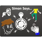 A panel labelled “Simon Says” shows an ear, a person standing on one leg, a face, clapping hands, and a central button with sound waves.