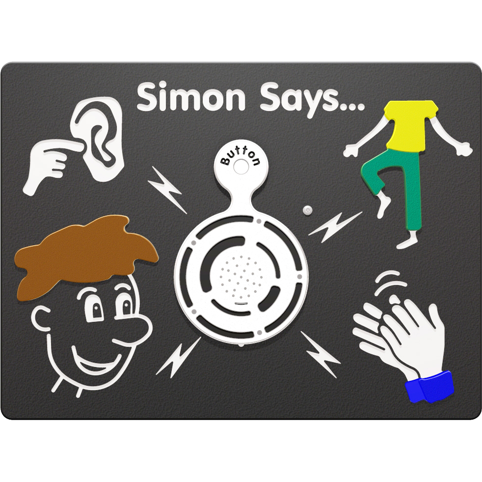 A panel labelled “Simon Says” shows an ear, a person standing on one leg, a face, clapping hands, and a central button with sound waves.