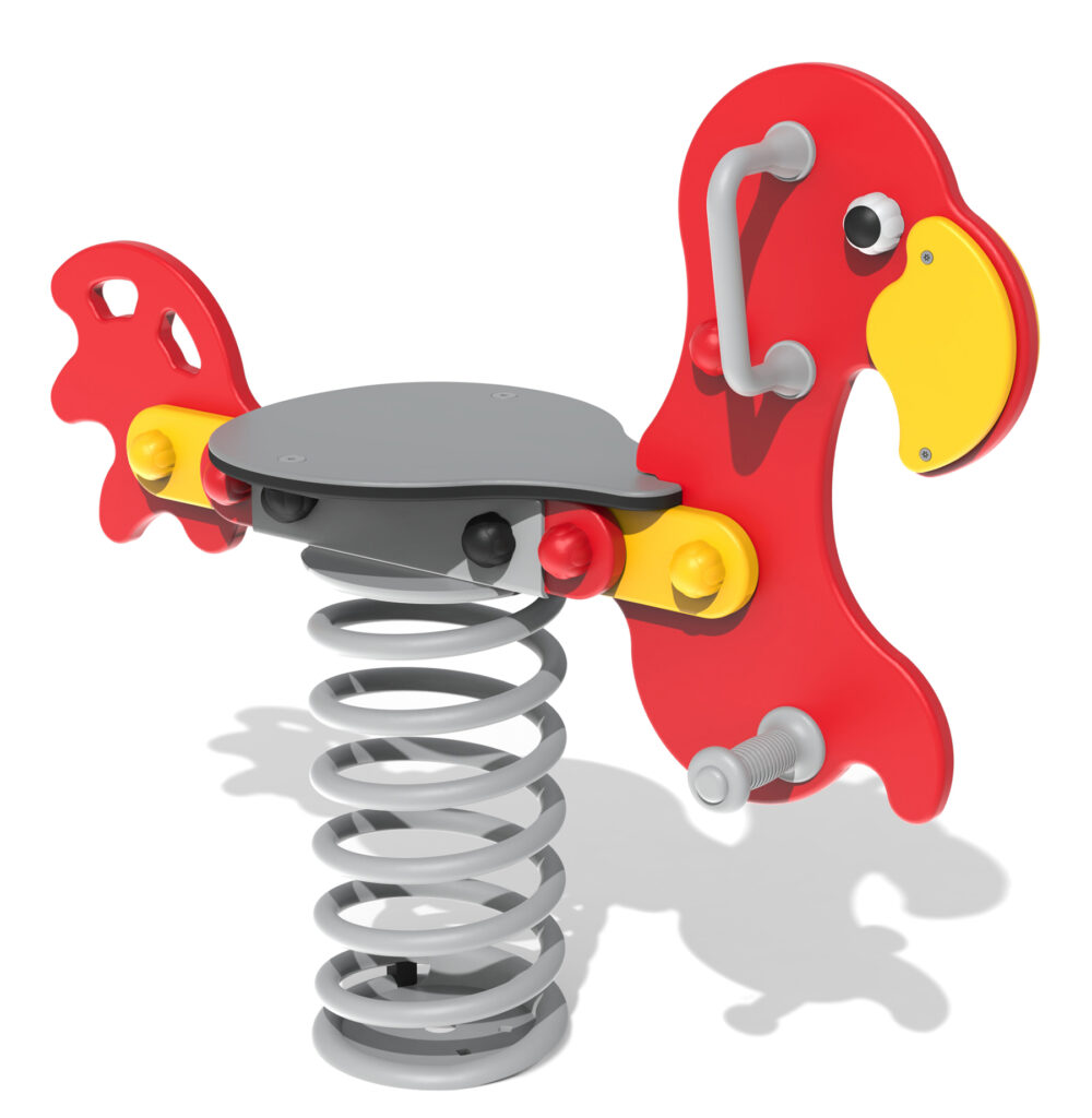 A red and yellow spring-mounted playground ride shaped like a parrot, featuring a handle and footrest for children.