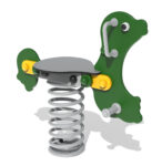 Green and grey spring rider playground toy shaped like an animal, with handles and footrests, designed for children to sit and rock to and fro.