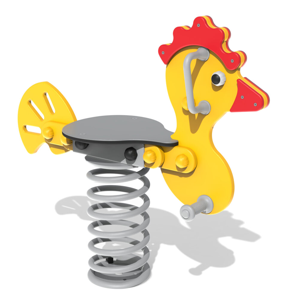 Yellow and red spring rocker playground toy shaped like a chicken, with a seat, footrests, and handles, mounted on a coiled metal spring.