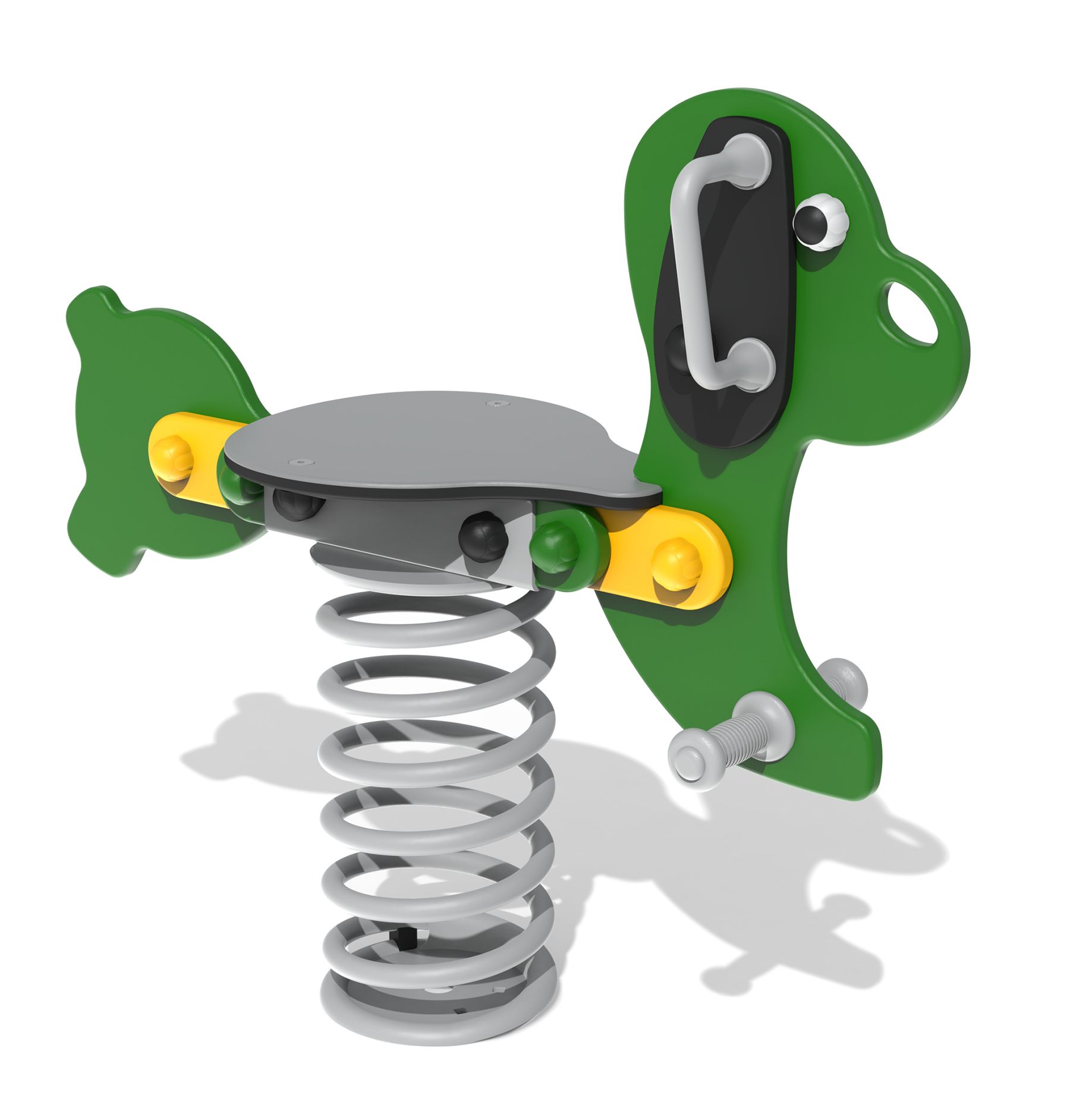 Green and grey spring rider playground toy shaped like a dinosaur with handles and a seat, designed for children to sit and rock to and fro.