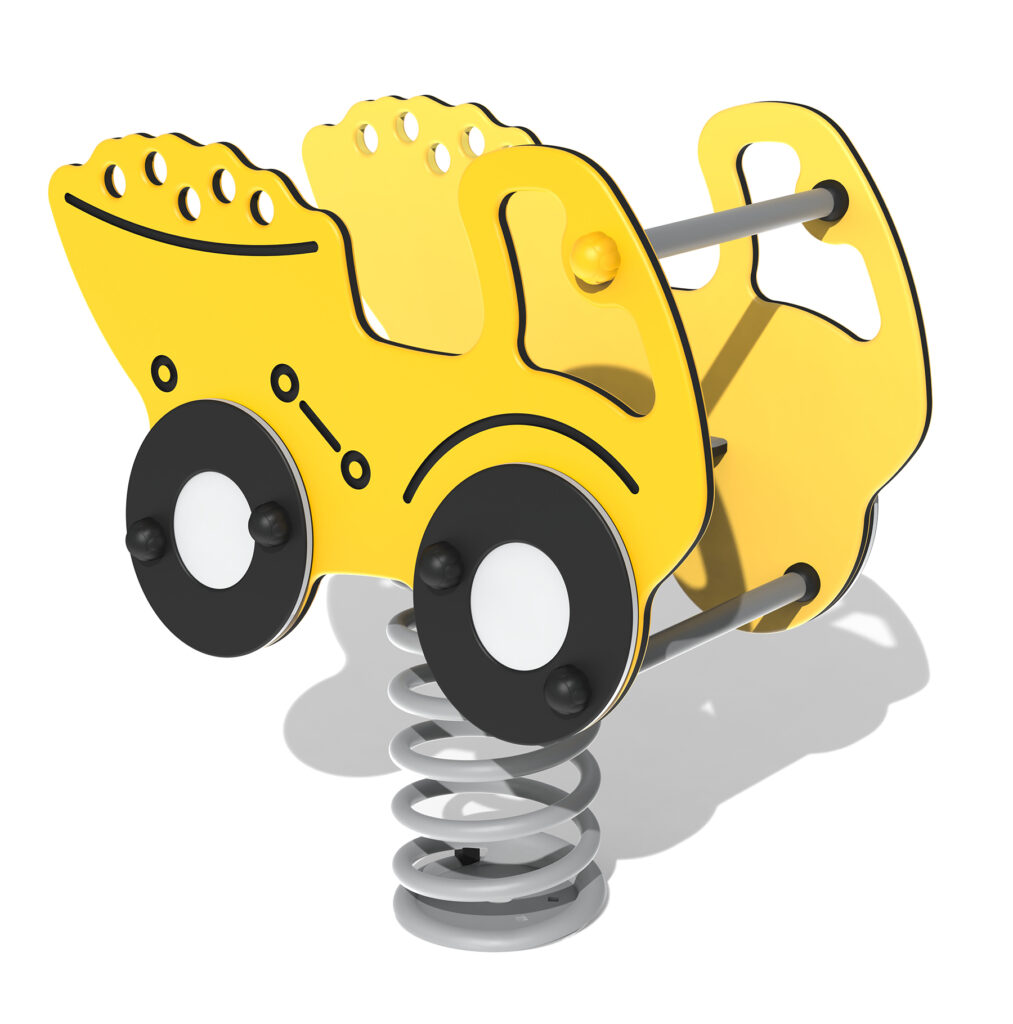 Yellow spring-mounted playground rocker shaped like a construction vehicle, with black and white wheels and metal handles on each side.