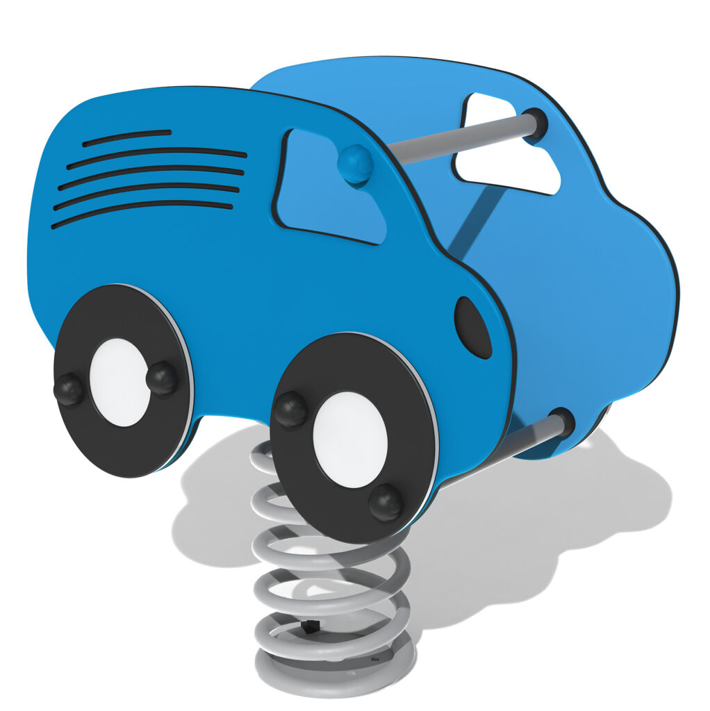 Blue car-shaped playground spring rocker with black and white wheels, metal handles, and a large coil spring base, isolated on a white background.
