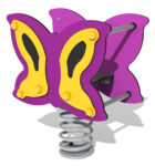 Spring-mounted playground ride shaped like a butterfly, with purple and yellow colours, and metal handles and footrests.
