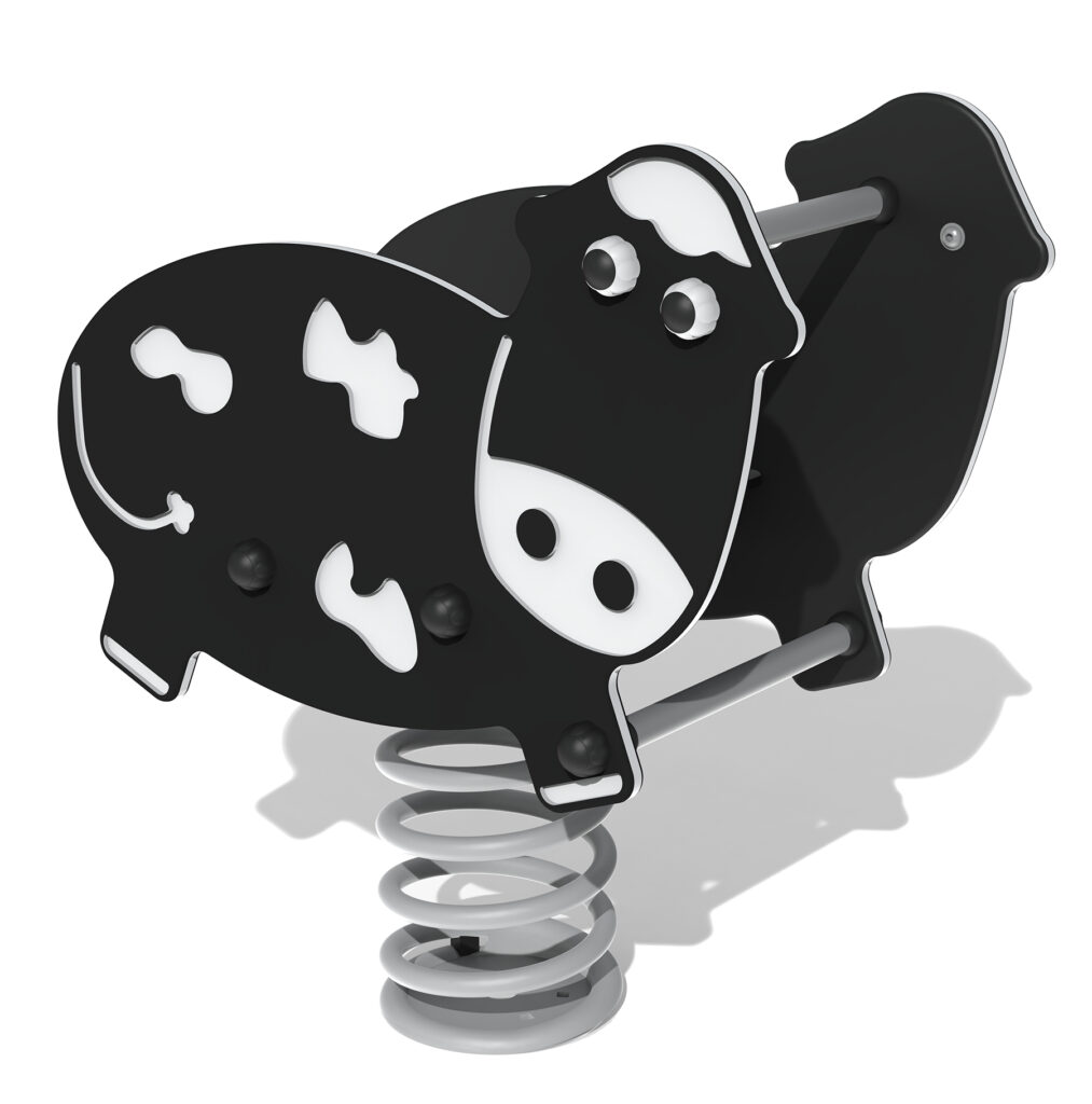 Black and white cow-shaped playground spring rocker with a metal base, designed for children to sit and rock to and fro.