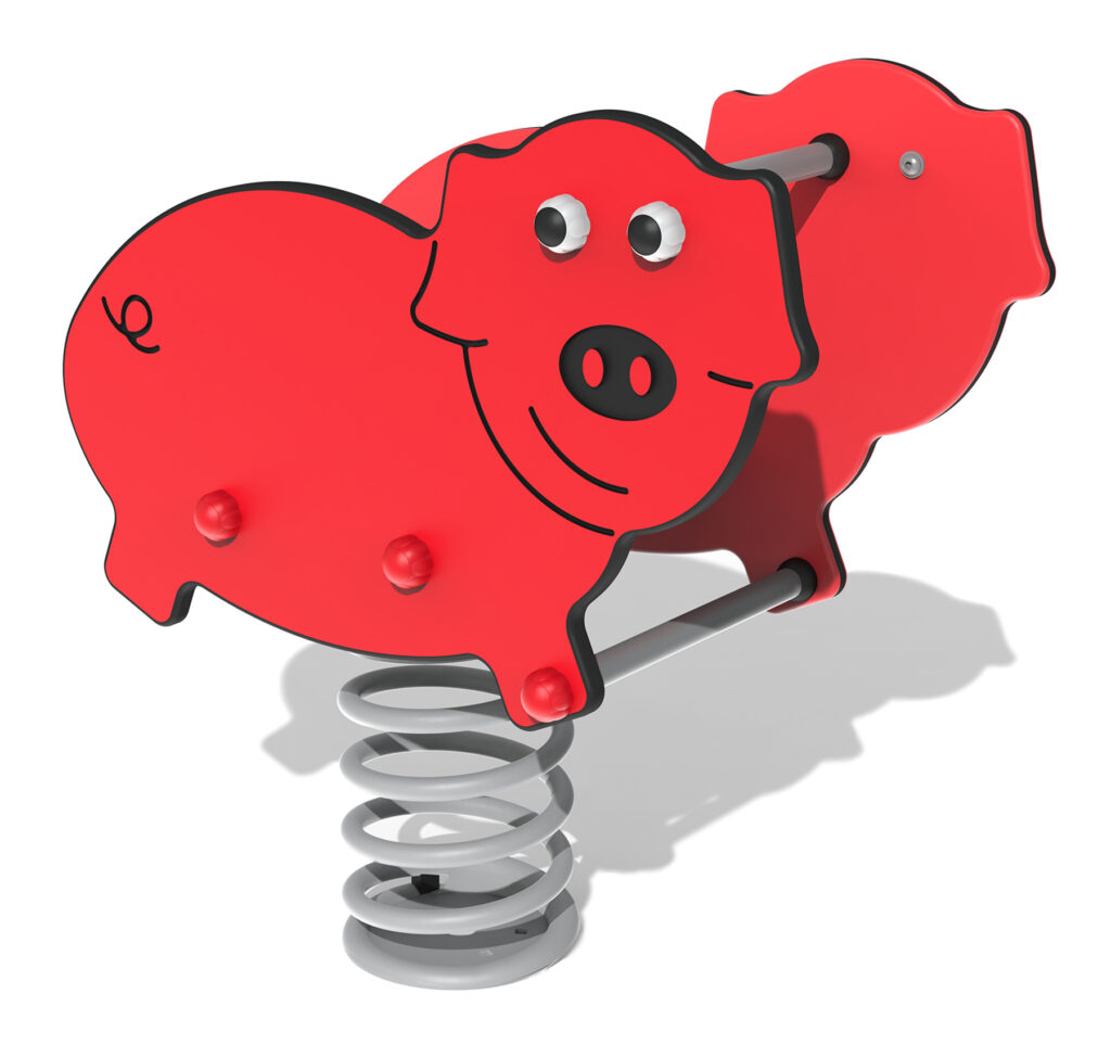 A red spring rocker playground toy shaped like a pig, with a coil spring base and handles for children to hold.