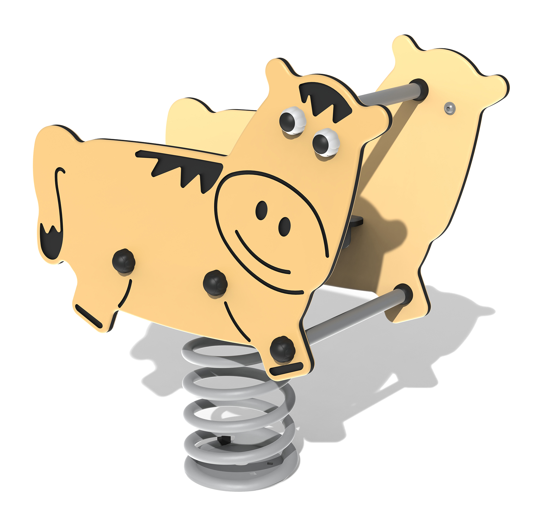 Yellow cow-shaped spring rider playground toy with black accents and a smiling face, mounted on a metal coil base.