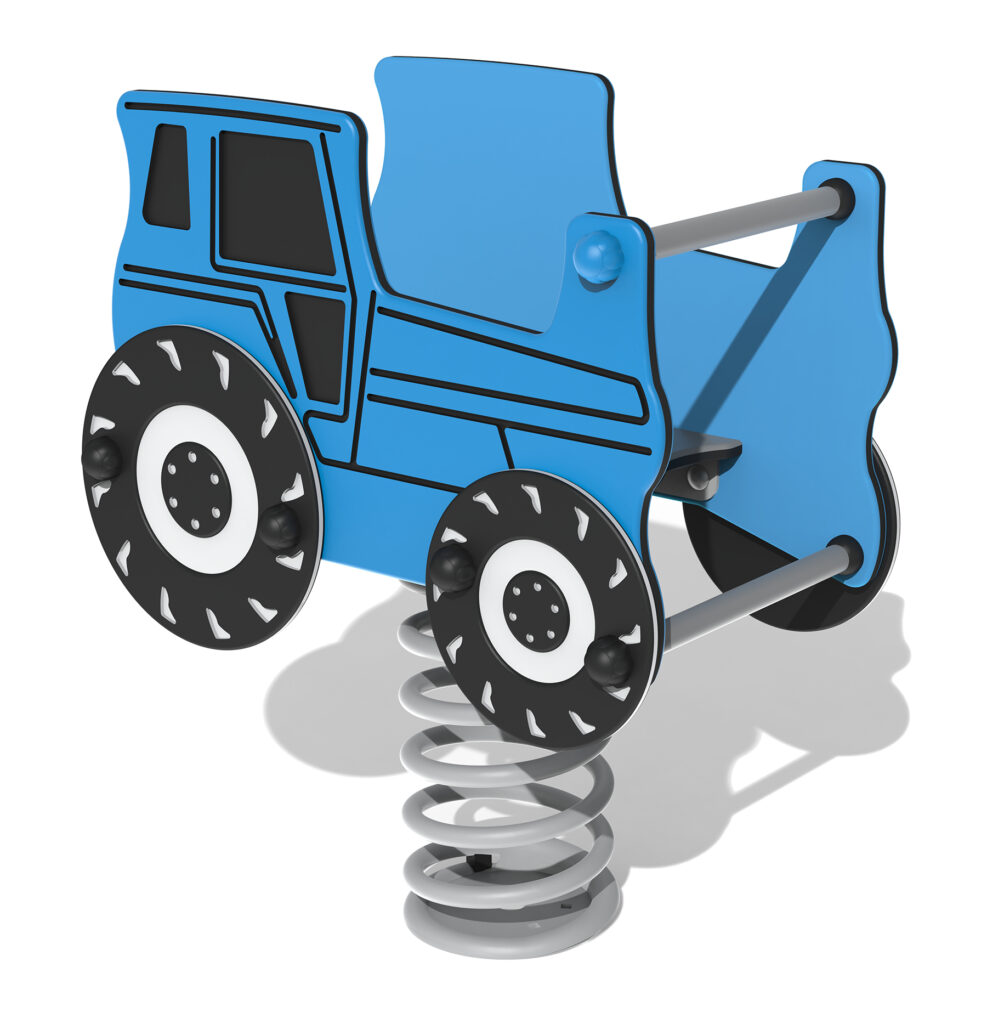 A blue spring rocker shaped like a tractor with black and white wheels, designed for children's playground use.