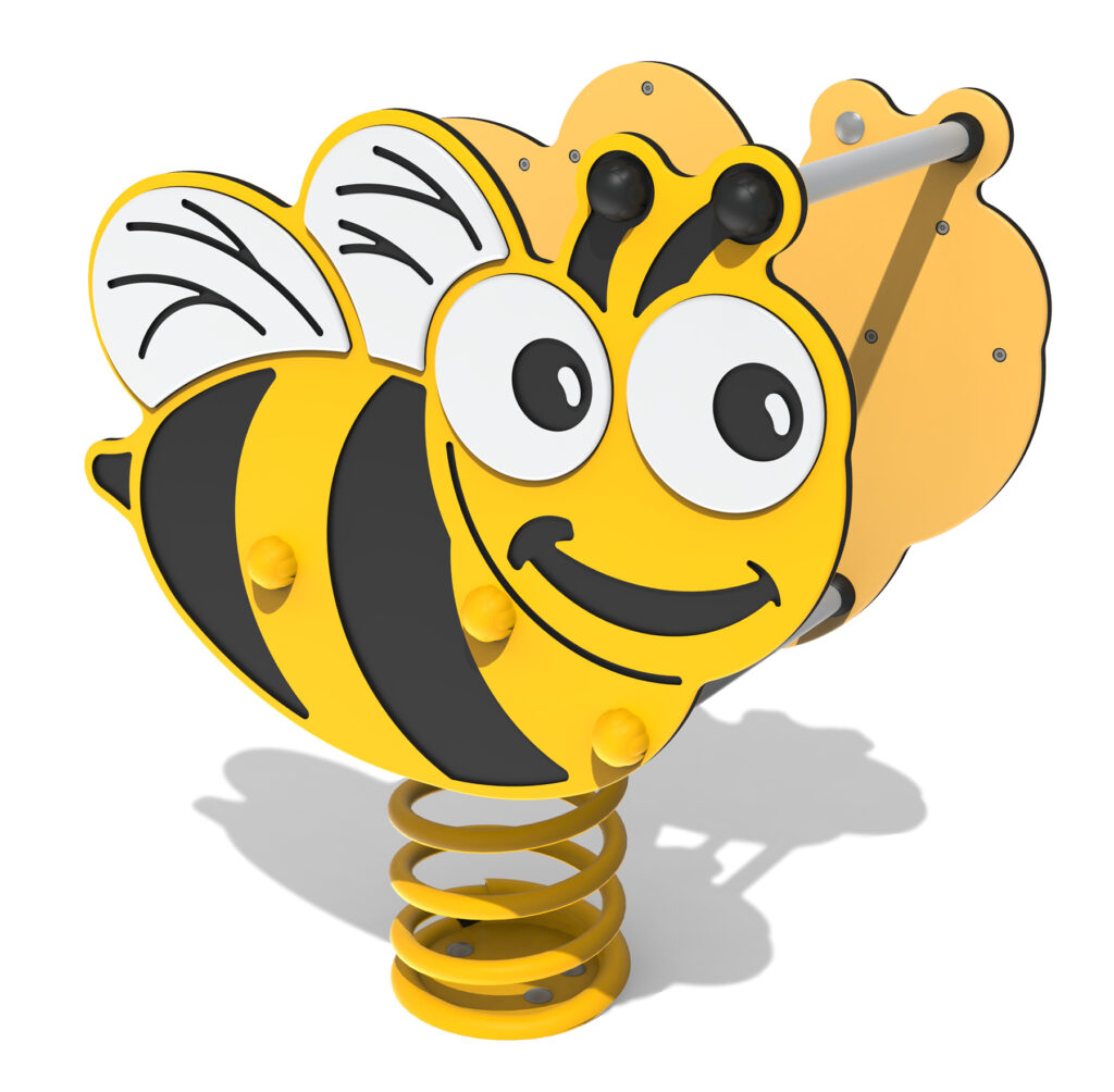 Yellow and black bee-shaped playground spring rocker with a smiling face and wing details on a white background.