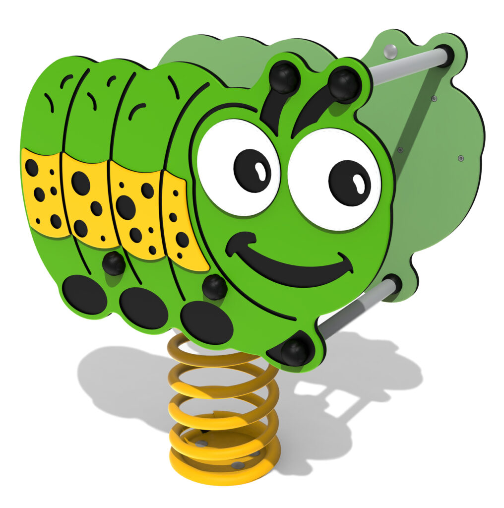 Green caterpillar-shaped playground spring rocker with a smiling cartoon face and yellow spring base.