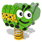 Green caterpillar-shaped playground spring rocker with a smiling cartoon face and yellow spring base.